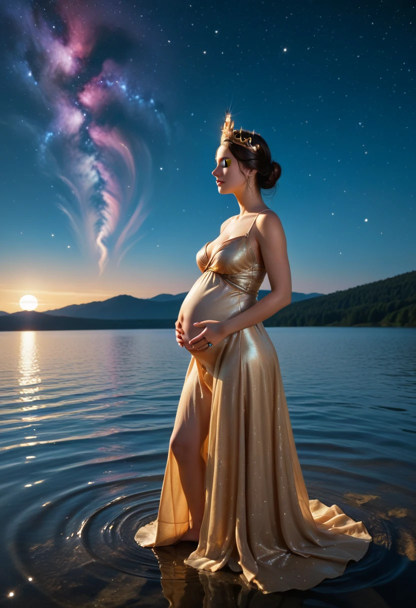 (Masterpiece), Perfect, side view of a brown hair pregnant nude woman in white transparent dress, look at viewer, beautiful face, the iris of her eyes are equally proportional in size and equally illuminated by light, she have elegant hairstyle, normal legs, sharpness in the photo, focus on the face and eyes of this woman, beach and sea panorama, space galaxy night in sky and background