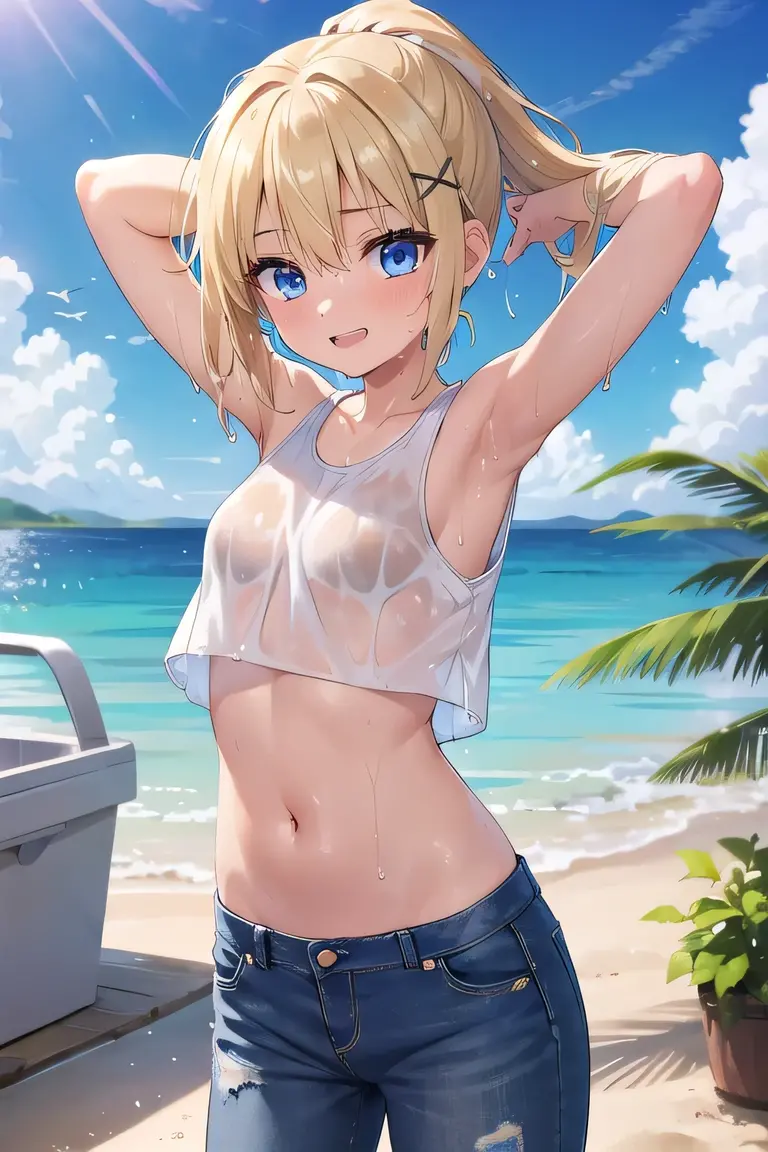 nsfw:1.5, Top quality:1.2, best quality:1.5, ultra high resolution, masterpiece:1.4 ,4K, 8K, 32K, detailed lighting, shaders, perfect anatomy, perfect proportions, highly detailed, ultra detailed, super detailed:1.2, perfect eyes, perfect face, very delicate and beautiful, illustration, sharp focus, very beautiful and detailed anime face, very detailed eyes, cute:1.3,  impressionistic:1.2, blurred background,

BREAK

1 woman, (Beautiful busty woman in her 20s:1.3),(dark skin:1.6), (Perfect proportions: 1.4), (Small pink areolas:1.3),  (Pointy upward nipples:1.4),(Full and beautiful breasts: 1.7), (big breasts: 1.6), (Thin waist: 1.1), (Slender figure: 1.2), (beautiful buttocks:1.2),

BREAK 

(Beautiful blonde hair: 1.3),( medium straight wet hair:1.3), (Bangs swept to the side, showing forehead: 1.5),

BREAK 

(Happy smile:1.2), (embarrassed:0.8), (blush:1.2),

BREAK

(Lace translucent white panties:1.3), (topless:1.9),(nipples peek:1.5),(White choker:1.4) (Necklace, bracelet, anklet: 1.4), 

BREAK 

 (Breast feed the man:1.6), (handsome man about 20 years old),(profile:0.3),(looking away),( looking  down),

BREAK 

(Half closed eyes:1.5)

BREAK 

(Beautiful beach), (Sandy beach),(real depiction of water surface), (breathtaking blue sky:1.5), 