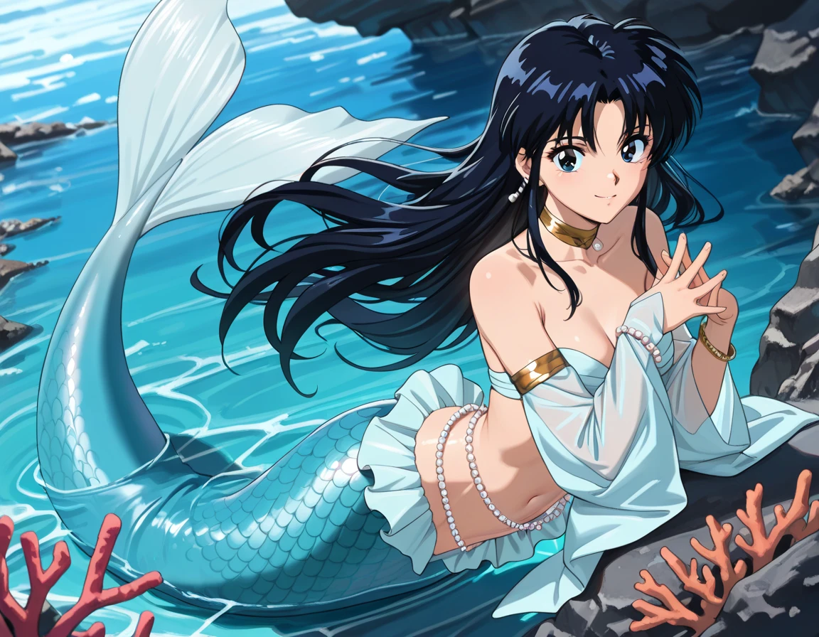 The mermaid, mermaid tail below waistline, underwater sea, swim, coral, fish, fish ears, red lips, black hair, long hair, twintail hair, mermaid tail below waistline, eel mermaid tail, 