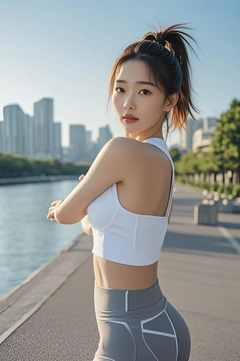 zydG, ((cowboy shot)), ((looking back)), ((looking away)),((arched back)),((from below)), 1girls, exposed skin, (from below),brown-eyed, (brown updo hairstyle:1.2), (light hair), (medium breasts:1.4),  (photorealestic:1.4), (Top image quality:1.0), (UltraHighResolution:1.0), 8K, Raw photography, (A masterpice:0.2), track and field uniforms, (sweat, wetty:1.1), portlate, facefocus, ful body,(pureerosface_v1:0.5), outdoor, track and field,
