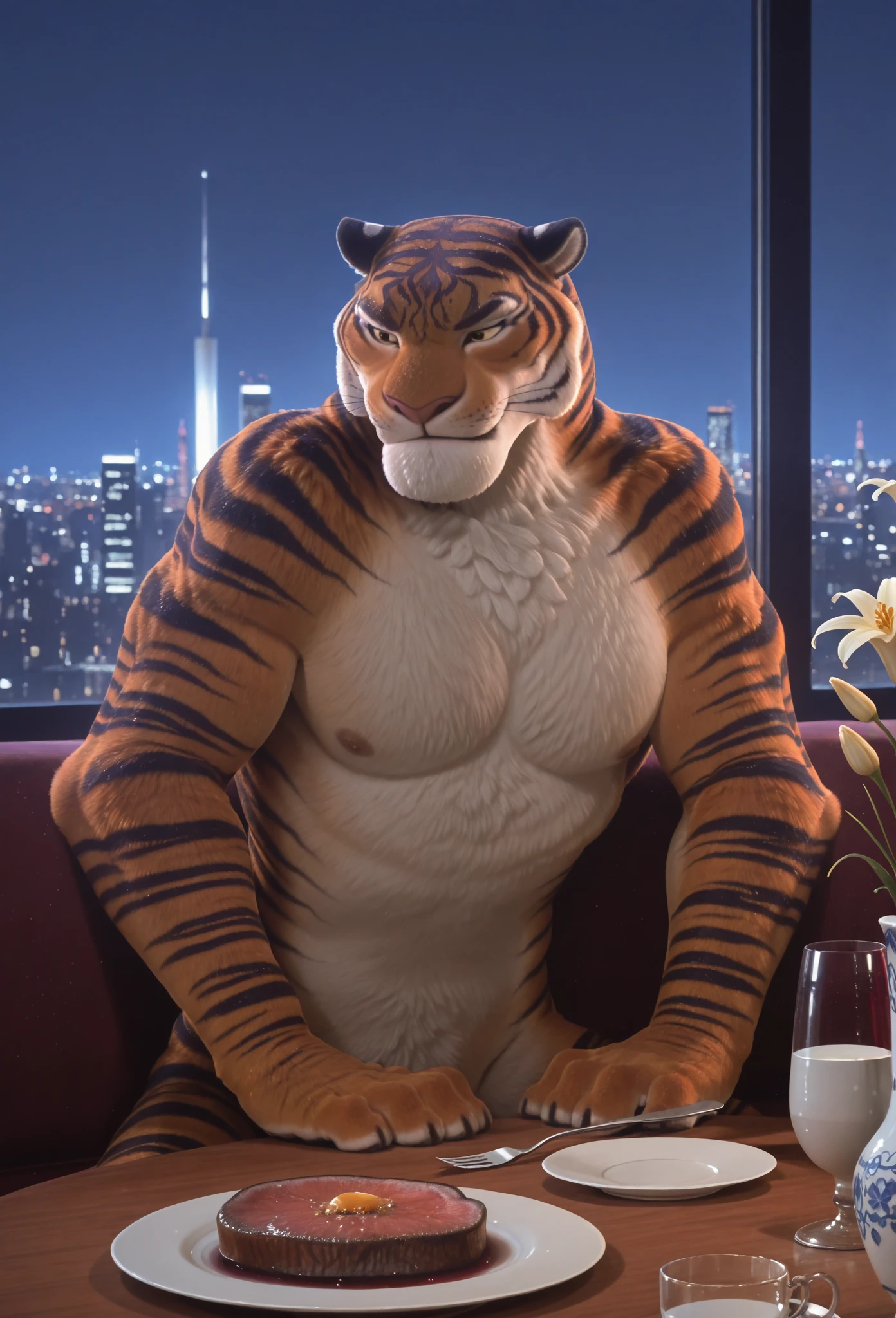 masterpiece, best quality, 8k resolution, Very detailed, hairy,tiger,((red hair)),muscle,Strong,超大muscle,((Hospital)),(((Purple pupils))),For the audience,(((White coat))),portrait,(((No clothes under the coat))),(Highest quality scene),(((Thong))),(((Blushing))),(((Hip bulge))),(((Ultra clear eyes)),((Solitary)),((whole body)),(((Standing))),((Mature)),(((Uncle))),(((Orange fur))),((Shame)),((Smile))