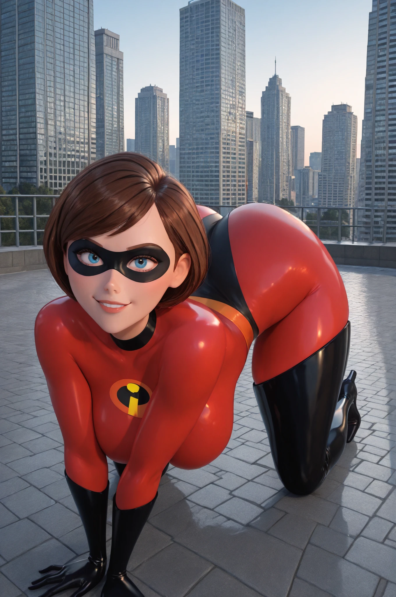 masterpiece, best quality, lens flare, depth of field, 1girl, solo, looking at viewer, breasts, helenparr, domino mask, mask, bodysuit, elbow gloves, sitting, rooftop, night sky, An expression of shame on his face, confusion, Desperation on the face, Knees clenched together, Tense posture, bites his lower lip, anatomically correct, Realistic, side-view,barefoot, 5 toes, black toe nails, Focus full body, tied ankles together, tied arms,