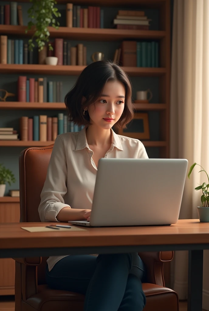 A asian young girl with long black hair tied in a ponytail, wearing a white blouse and blue jeans, is studying diligently at a wooden desk in a cozy library. She is surrounded by shelves filled with books, and her desk is cluttered with textbooks, a laptop, and a cup of tea. A night light from a vintage lamp illuminates her focused face as she takes notes in a notebook. Tall windows offer a view of a leafy garden outside, moon light, with the soft glow of the setting sun casting gentle shadows. The atmosphere is quiet and peaceful. v 6,ar 16:9,q 2,style photorealistic,lighting soft and warm,details intricate,expression focused,background detailed