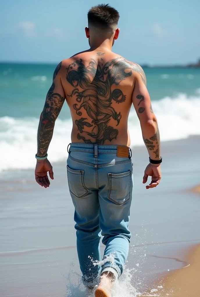 Boho photograph of a tall man with many tattoos, facing a lake with his back to the camera