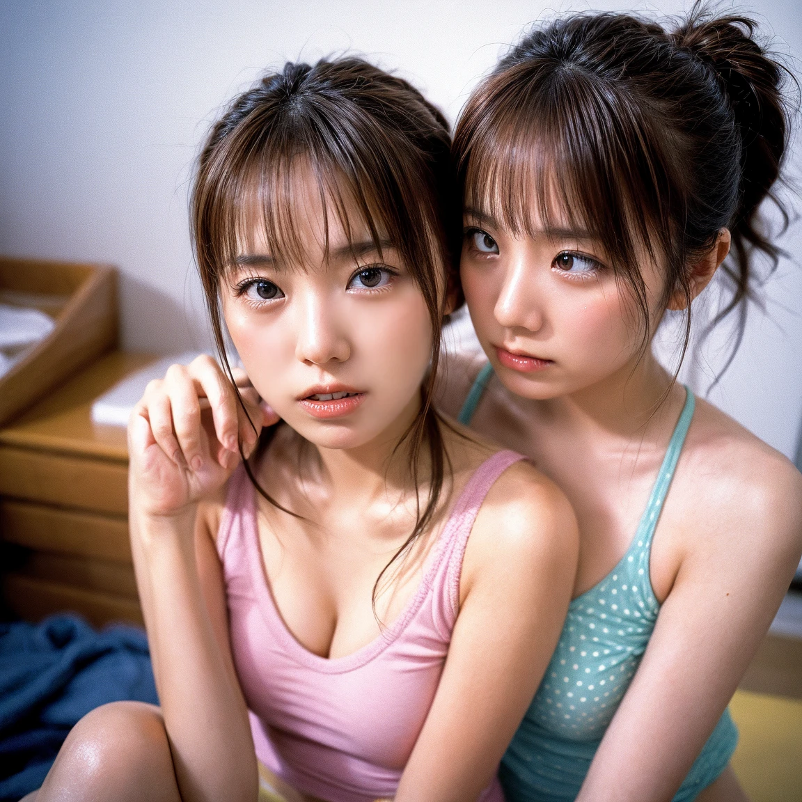 (8K, RAW Photos, Highest quality, masterpiece: 1.4), (Realistic, photoRealistic: 1.4), Super detailed, Ultra-high resolution, One Girl, Beholder, Beautifully detailed face, smile, (Slim waist: 1.0), Beautifully detailed skin, Skin Texture, Floating Hair, Professional Lighting, Middle Chest, Kind eyes,(small breasts:1.5), (beautiful nipples:1.8),(undressing:1.9), (:1.0), (law panty:1.5), (wet red bikini and strap:1.12),(white vest:1.2),(Feather Cut:1.0), (petite:1.0),(upper body:1.0),(slender:1.0)
