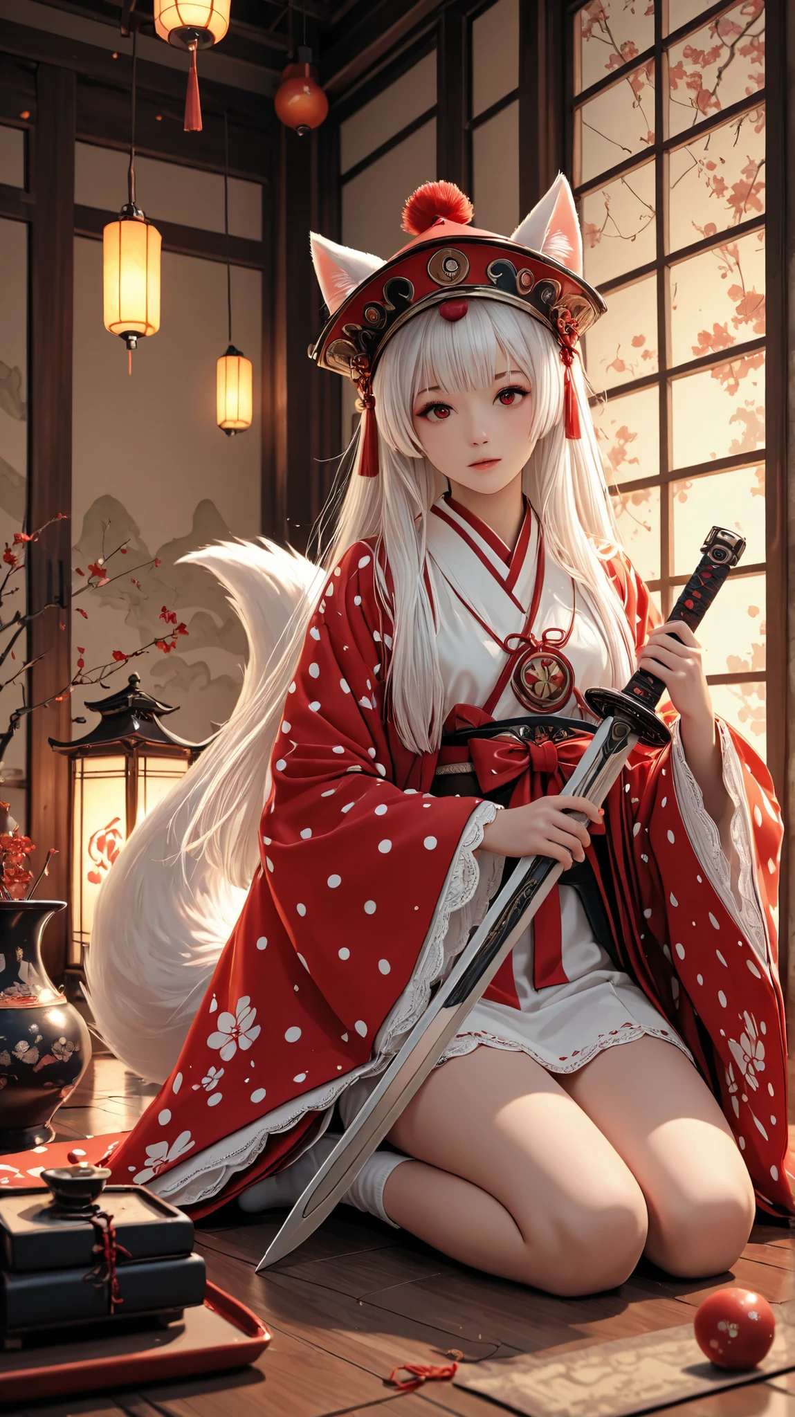 score_9, score_8_up , score_7_up , score_9,Score_9, Score_8_up , Score_7_up ,Create a two-dimensional fantasy style picture, focusing on the character's characteristics and scenes: short white hair (animal ears, red hat), Japanese-style clothing (white and red color, lace, polka dots), holding a long sword, animal tail, white socks, kneeling, placed indoors (Japanese scenery, warm lights, simple walls), using the environment to highlight the delicate texture and mysterious atmosphere of the two-dimensional fantasy.