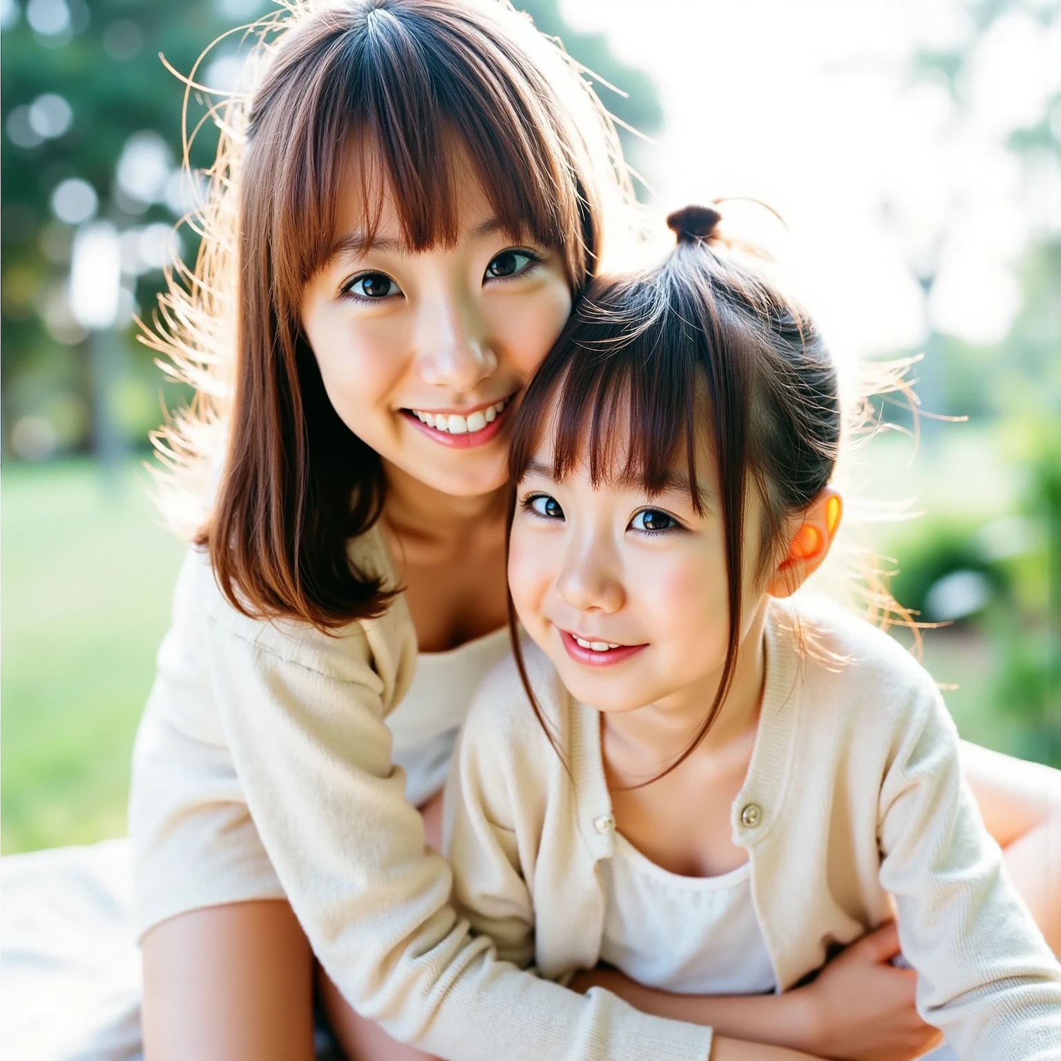 Japanese woman's wife、Perfect cuteness、random hairstyle、real、Beauty、Idol、gentle expression、No makeup、happinessそうな笑顔、masterpiece、refreshing、wife、Mother and daughter、30歳のwifeと5歳の娘、happiness、two persons、short hair、Western style house living room、running towards the camera、happinessそうな表情、a loving smile