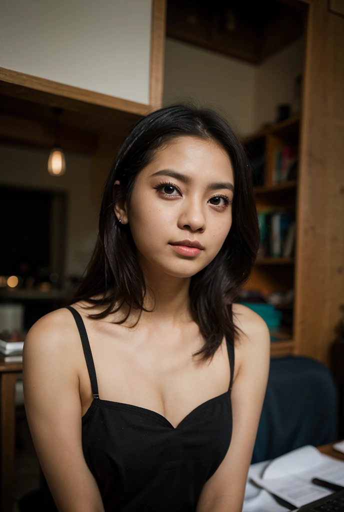 photo of black hair female, natural skin, realistic skin, beautiful refined oily skin, real skin texture, sharp face lines, skinny face, beautiful slim face, black long hair, beautiful dimples cheeks, slim beautiful japanese face, beautiful face, beautiful nose, masterpiece, high resolution, 21 years old, busty female, american mixed japanese ethnic female, In an old library, climbing a ladder to reach a book, in a modest yet form-fitting outfit, intelligence and allure blending in the quiet ambiance