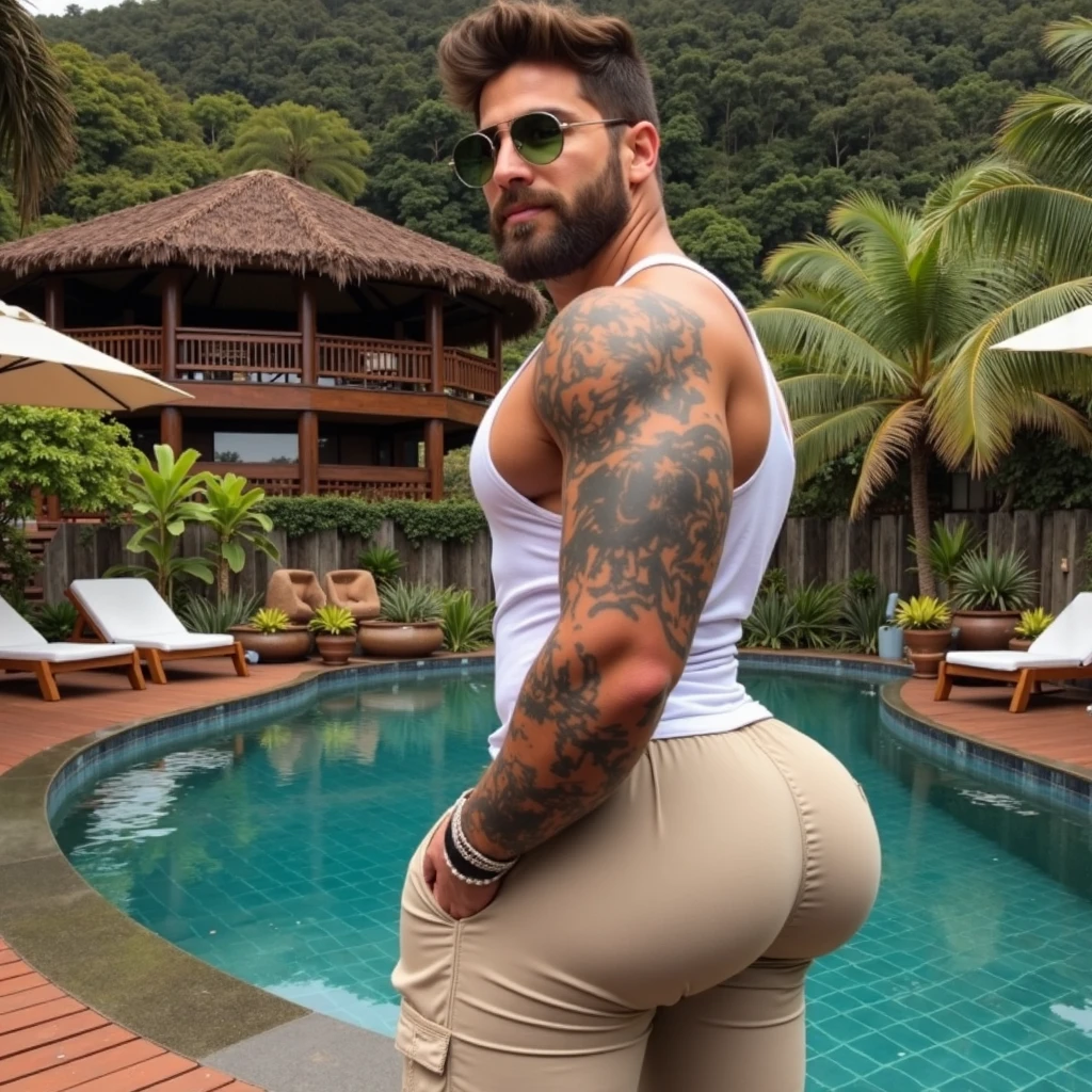 Only plump, chubby, extremely thick thighs, large belly, fat, age 50, 1 chubby man (homem completamente de costa , He is facing away from the viewer only with his back turned,. Pool Scenario, beautiful mansion, Plantas Estilo urban jungle. Dia de sol, magnificent sky, sombras e luz no ambiente . He's bearded. gesturing with hands. gold chain around the neck, rings, clock 🩴nice bulge, nice bulge, view from below, leather hat, armbands, and leather cap, kindness, strap on, bondage outfit))), tattooed arms, full body tattooed, gesturing with hands towards the viewer.