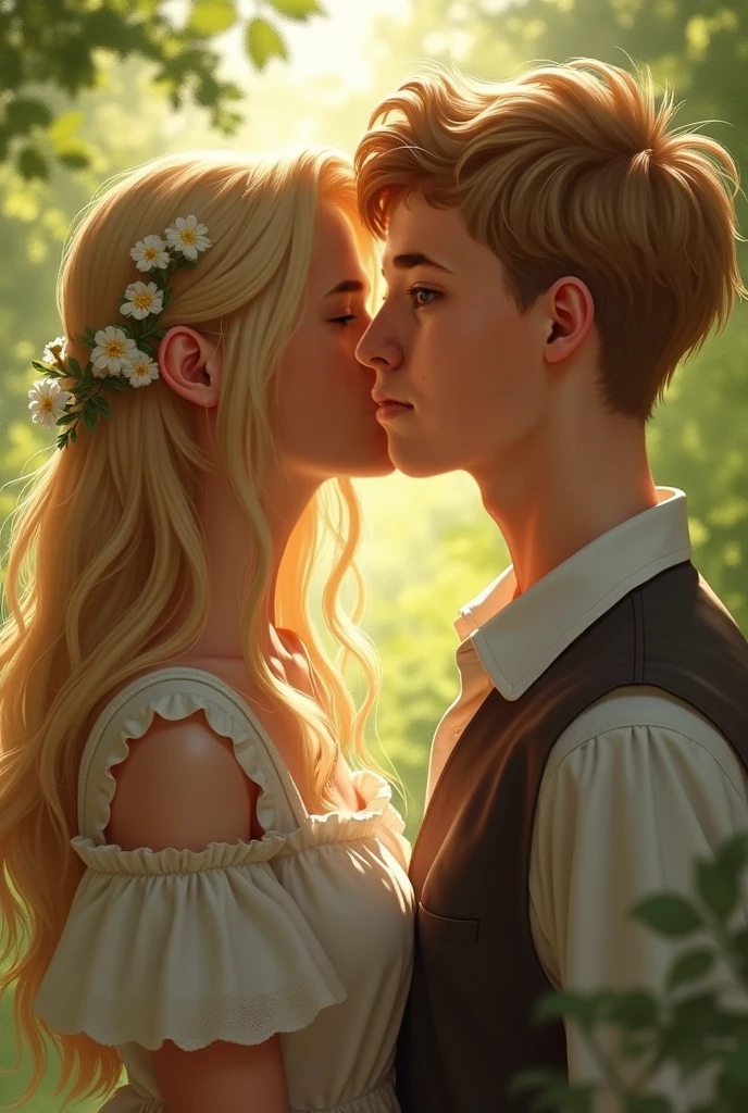 paiting of two young wild people sitting next to each other kissing in a the forest mountains,epic fantasy,fantasy art,brian froud,a fine art paiting,divine,high quality,hiperdetailed,sacred,beautymaximalism,girl have blonde hair,boy have brown hair