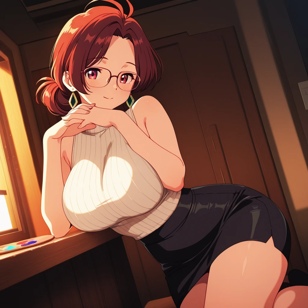 Night time,(Masterpiece), Best Quality, ultra-detailed, 1girl (eri, Slender and sexy body, huge breasts, wide hips, brown hair, single hair bun, choker, brown eyes, spectacles), a weary face, parted lips, nose blush, blush, facing viewer, looking at viewer, solo, strapless dress(ornate dress), long dress, cleavage, covered nipples, in the livingroom, on the sofa,
sitting, spread legs, skirt lift, pussy , Sexy waist teasing ,
