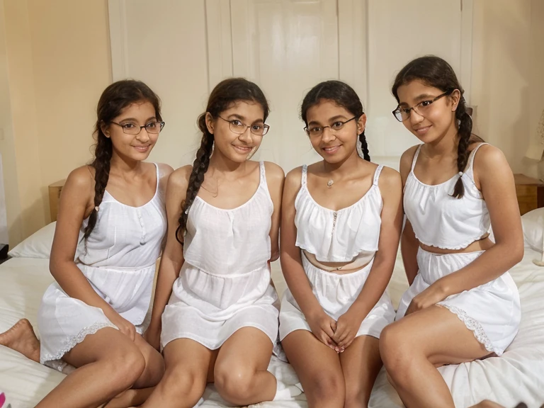 Create a hyper realistic hd full body image of a group of slim 13 years old bangladeshi boys with a group of cute beautiful bangladeshi slim girls 11-12 year old kids sitting on bed in a hotel room at night. girls are Wearing tight budding tiny short camisole while tight cleavages are clearly visible and wearing tiny under wears while thick thighs are strongly visible. all happy. smiling. photo Realistic face and photorealistic budding bodies. photorealistic eyes. soft lights. HD. 8K