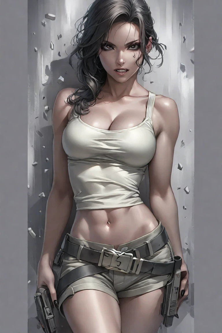 1woman , 25 years old, black hair, tanned skin, perfect body, quiet form metal gear, big breast 34DD, niji, abs, fitness body, smoke eyes make up, alex zedra, location in a shooting range, looking_at_viewer, front view cowboy shot,, perfct body, 4k, cinematic light, ultra detailed, ,breasts, oil on body,
