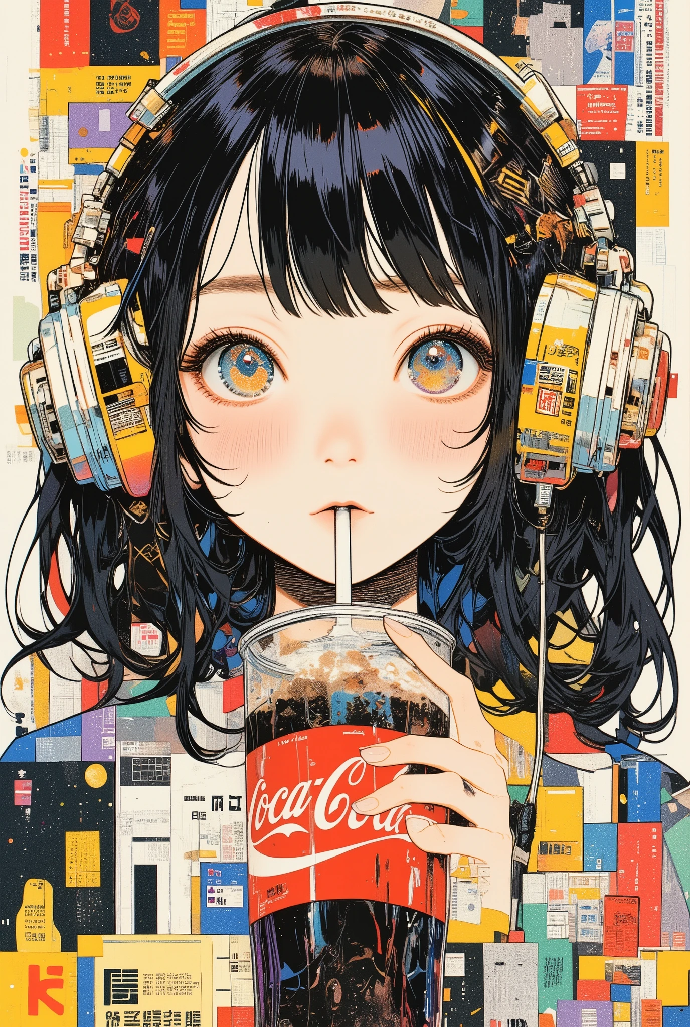 unique, front view:1.6, she drinks and listens to Coca Cola :1.331, Can't help but want to laugh , Ridiculous , White, Navy, red, Yellow, orange color, Zhu, purple, green, green, Beautiful Japanese Woman , Tea Hair, including wavy hair :1.21, Long bangs, woman with big headphones , typesetting, surreal Collage, a contemporary artistic Collage, Collage artwork, new album cover , Great work !! , digital Collage, ( Collage), Collage art, contemporary Collage, mixed media Collage, surreal, Is High Resolution , surreal style, Convertible, Called the Inner World of the Autism Spectrum , See here , あらゆるオーディオ機器の Collage, 精密機器の Collage, Japanese High School Uniforms , intense sex masterpiece , skirt , vivid background full of text,