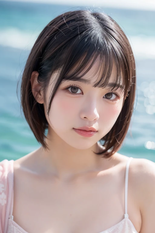 One Girl，(1人のとてもcute女の子:1.3)，masterpiece，Highest quality，High resolution，Photorealistic，RAW Photos，Ray Tracing，beautiful girl，(15 years old:1.3)，cute，Big eyes，(detailed pupils:1.2)，(The face is facing straight ahead:1.3)，Body facing forward，Beautiful nose，Fuller lips，Short black hair，ponytail，short hair，Detailed eyelashes，Thin eyebrows，Very fine grain definition，(Symmetrical eyes:1.3)，(Face close-up，Face Focus:1.0)，Small breasts，Short neck，White swimsuit，White Bikini，The background is the sea，Southern Island，Blue sky，White cloud，Portrait，View Viewer，Upper Body，Cinema Lighting，High resolution，Very detailed