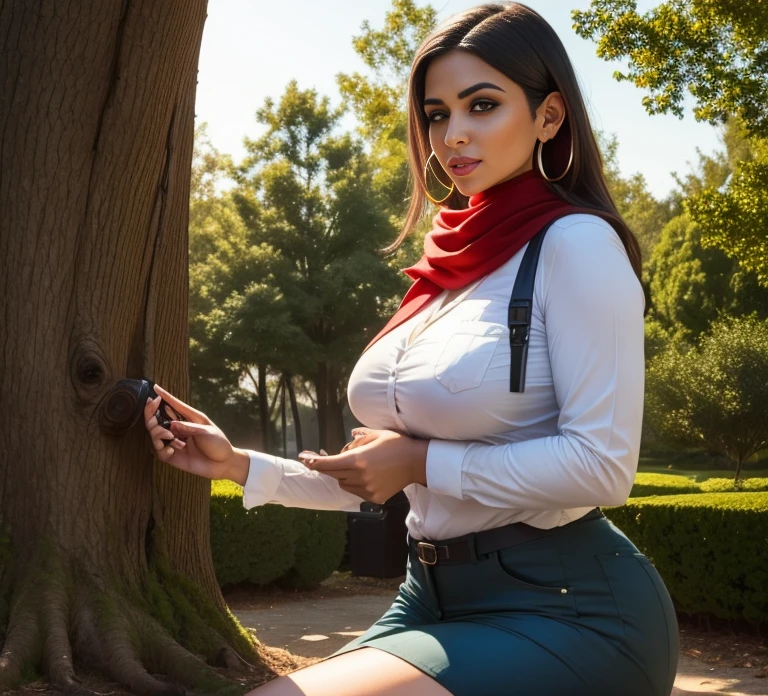 This is the prompt I WILL NOT USE NOW? HAHAHA obra de arte, Ultra-HD, realista, Fotografo profissional, professional lighting, rosto detalhado, realista skin, 8k, Fotos RAW, 1 garota, foco apenas, cabelo preto curto, olhos castanhos, Blusa branca, red scarf around neck, jaqueta marrom recortada, Open chest, Under the tree, fundo desfocado, black pants