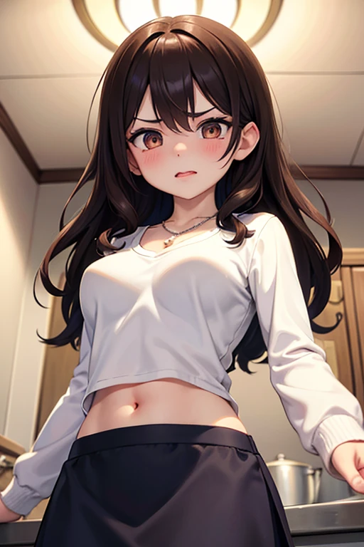 ((masterpiece:1.2)), ((ultra-detailed)), ((best quality)), ((intricate details)), ((chromatic aberration)), 1girl, long hair, shy, ((brown hair)), ((small breasts)), makeup, black eyeliner, (expressionless), looking at viewer, <lora:ajimu:0.7>,  ((bedroom, crop top, open belly, gym shorts, ))