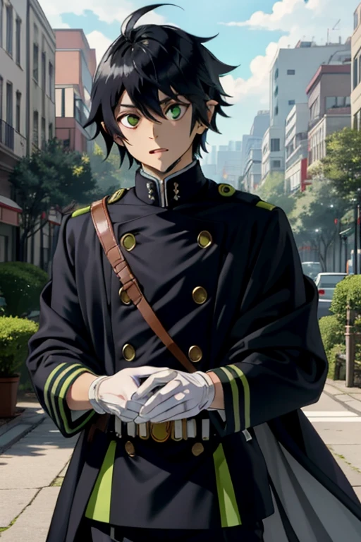 (Masterpiece:1.4), (best quality:1.2), <lora:shinoa_and_yuuichirou_ons-000015:1>, hyakuya yuuichirou, 1boy, black hair, military uniform, white gloves