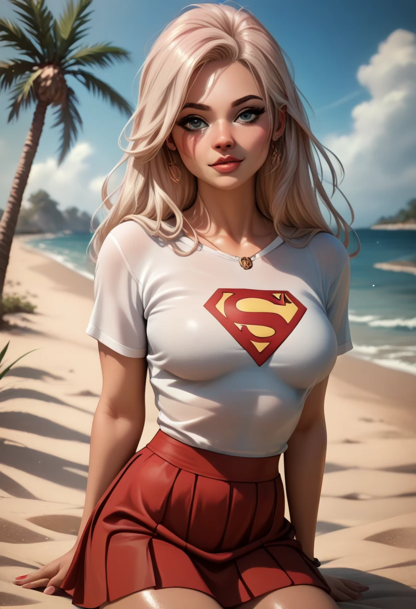photorealistic, octane render, best quality, sharp focus, 8k, 4k, Masterpiece, <lora:Milly_Alcock-v1:1> a woman m111y, Milly Alcock, blonde hair, blue eyes, short hair, centre parting hair, facing viewer, looking at viewer, upper body, <lora:Supergirl_Galatea:0.6> Supergirl, short hair, black hairband, white croptop, short sleeves, red cape, blue pencil skirt, red boots, white gloves, outside, beach, sand, ocean, clouds, facing viewer, looking at viewer, hands behind head, biting lip