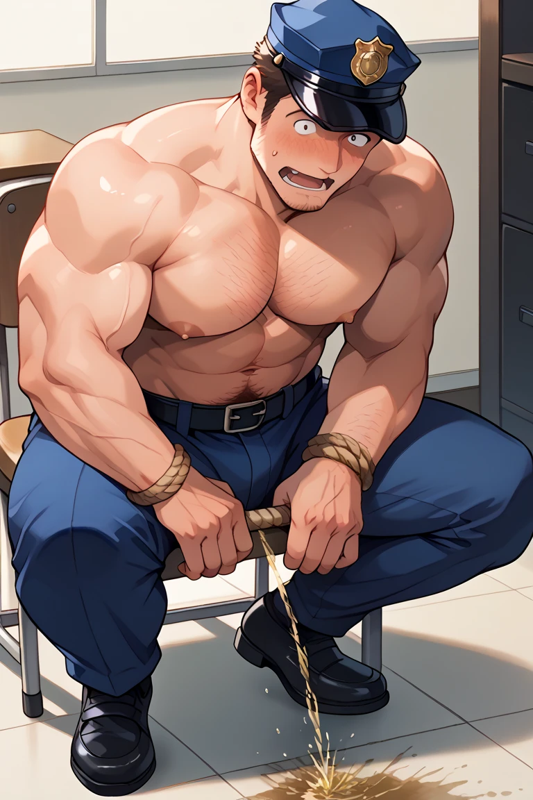 (((18 year old shirtless, very skinny twink))), fair hair, handsome face, smile (((wearing gym shorts))) biceps flexed, kneeling, ((((Trussed up completely with rope)))), ((((very tight rope crossed over chest)))),(((body in tight shibari ropes))) sweating, wet skin, in a dungeon with candles and a fireplace