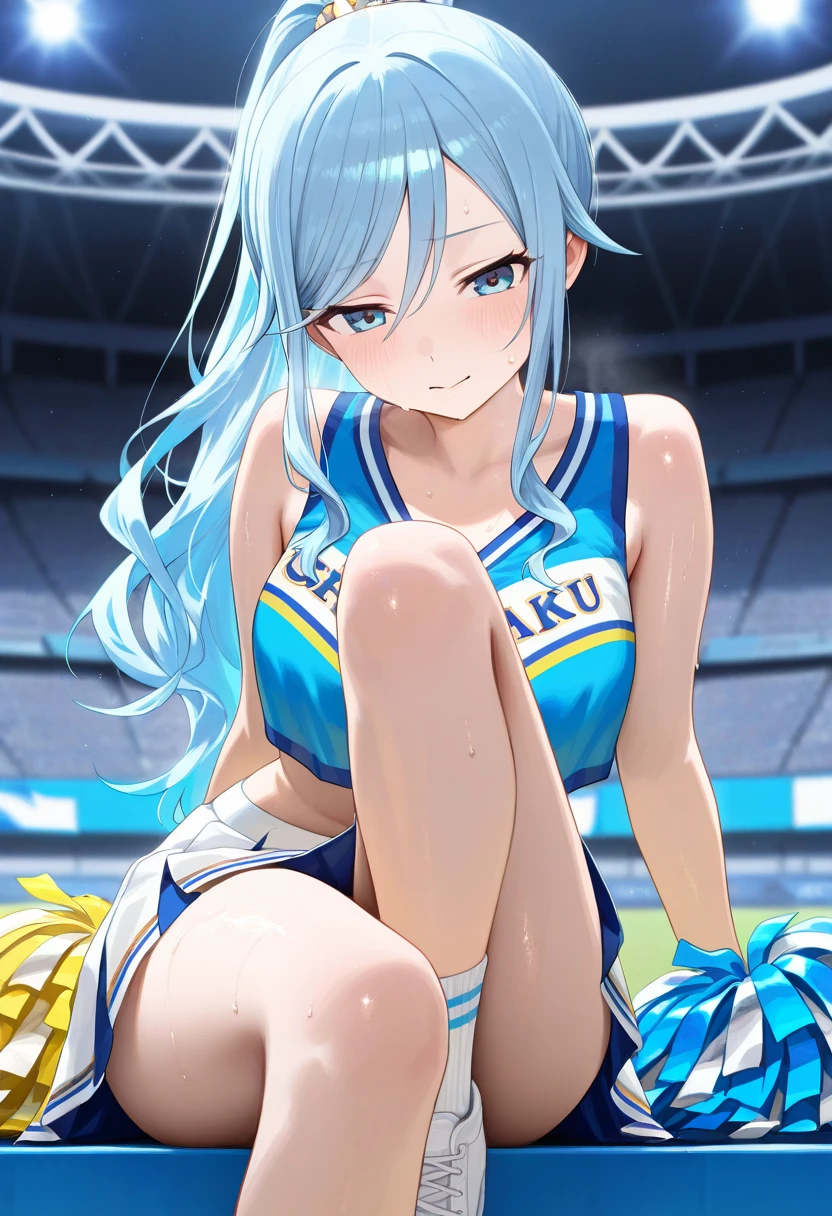 (Top Quality, Masterpiece, 8k:1.2), Ultra Detailed, High Resolution, (Anime:1.2), 1 Girl, Solo, EPsoaSinon, Short Hair, Light Blue Hair, Detailed Jewel Eyes, Hair Between Eyes, (Hair Accessory:1.2), Hair Clip, Side Locks, (Cheerleader, Cheerleader, Blush), dynamic Angle, Cowboy Shot,looking at viewer,