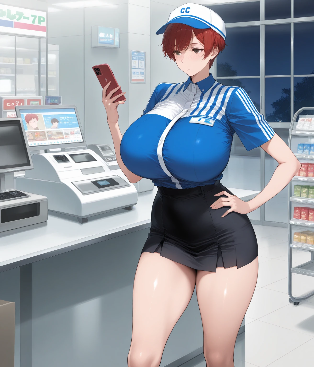 masterpiece, best quality, 独奏,1girl,looking at viewer,indoor,McDonaldâs,
McSumire,Black mini skirt、Put your hands inside your panties、Leg spread、A sultry expression、Spreading her legs and showing her panties、Sticking out tongue