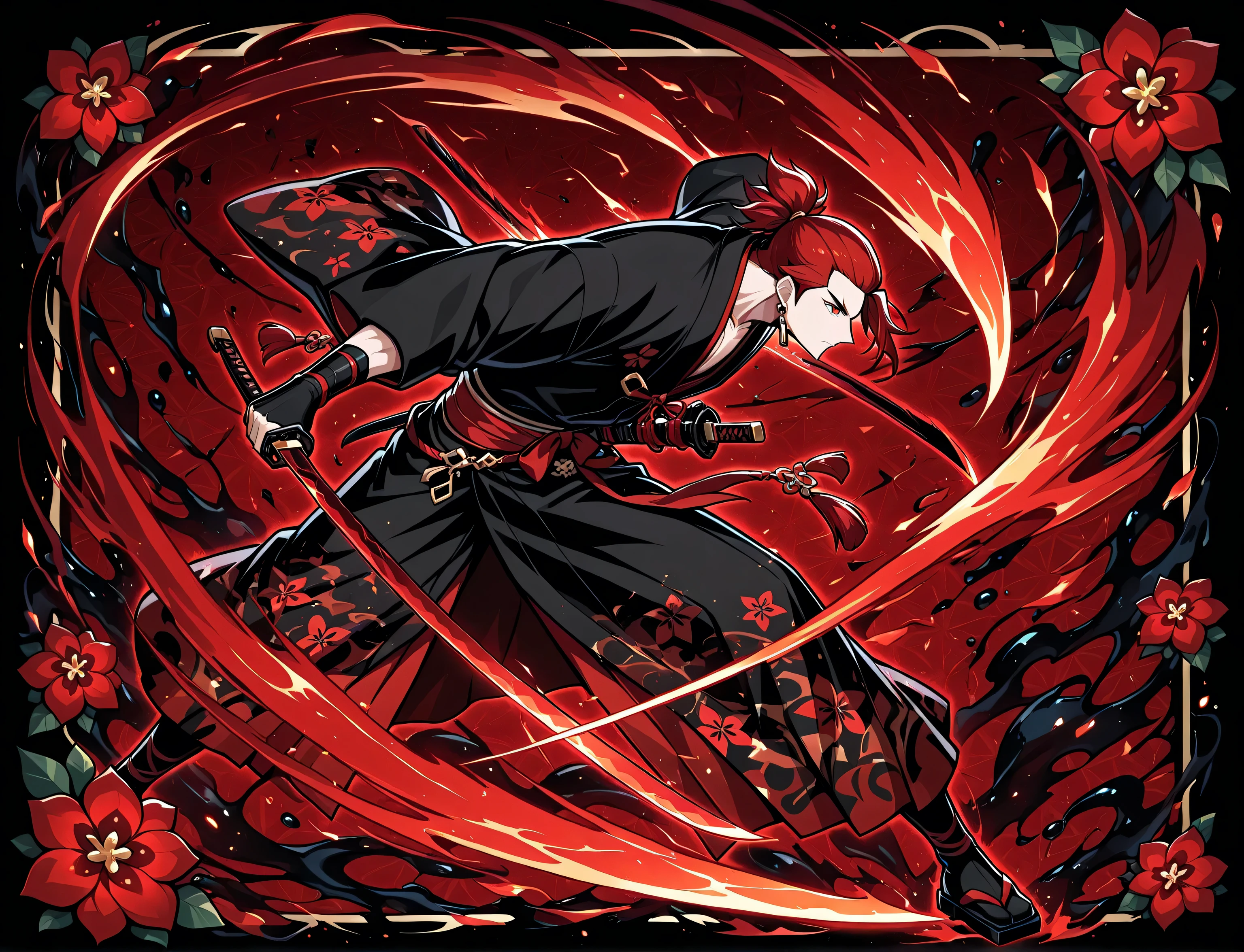 1boy, red hair, tied hair, red eyes, rectangle earrings, black kimono with red flower patterns, dynamic pose, dynamic composition, katana, sword slash effect, sword aura, ink background, ink splats,