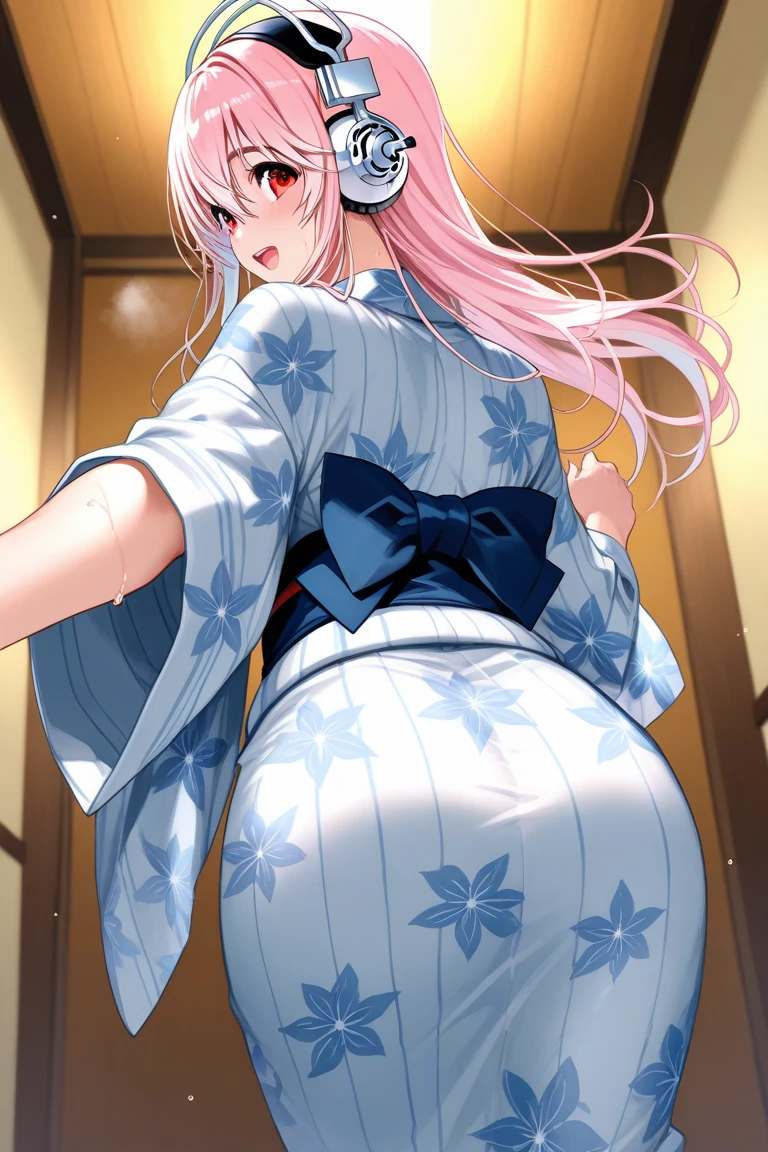 akari watanabe, long hair, solo, PERFECT ANATOMY,  pink hair, blue eyes, looking at viewer, round ass, thicc thighs, 1girl, sitting, tight hakama