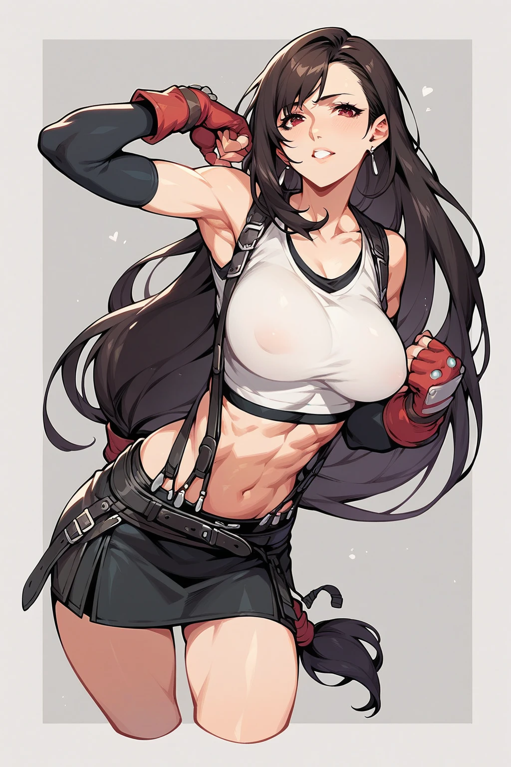 (asura art style:0.7), score_9, score_8_up, score_7_up, score_6_up, fiona frost, white hair, short hair, hair over one eye, grey eyes, BREAK (masterpiece:1.2), best quality, high resolution, (beautiful detailed eyes:1.3), perfect lighting, (perfect hands, perfect anatomy), hearts, pleasured, large breast, sagging breast, 1girl, breasts, horns, shorts, abs, solo, bikini, english text, navel, tail, swimsuit, demon horns, belt, yellow shorts, choker, black nails, muscular, demon tail, jewelry, earrings, looking at viewer, open mouth, demon girl, muscular female, short shorts, blush, thighs, shadow,