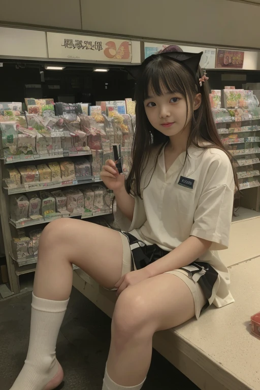 A female clerk wearing a convenience store uniform、,Wear a short pleated skirt 、Silk panties sticking out、panty shot、focus on panties、soft skin body、ponytail, japanese girl, 8K, huge breasts,full body shot、 highest quality, masterpiece, realistic, Photorealistic super detail, one girl, cute, best smile, beautiful eyes, long hair, perfect face,full body shot、The background is a convenience store cash register
