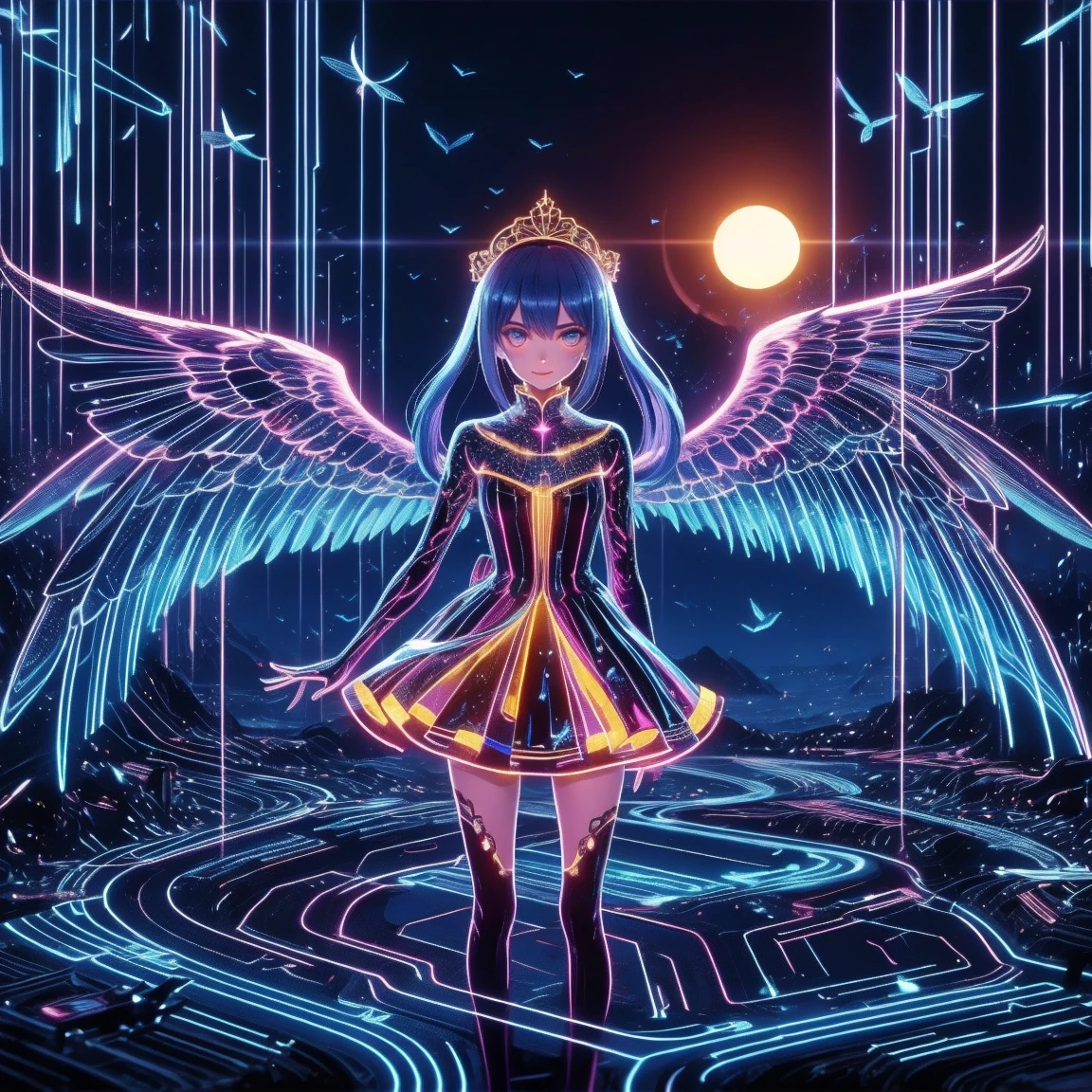 Highest quality,Highest Resolution,Smiling beautiful girl in maid leotard,White angel wings on your back,Halo,High leg,Frills,Knee-high stockings,front,whole body,up,universe,Milky Way,meteor,Very beautiful eyes,