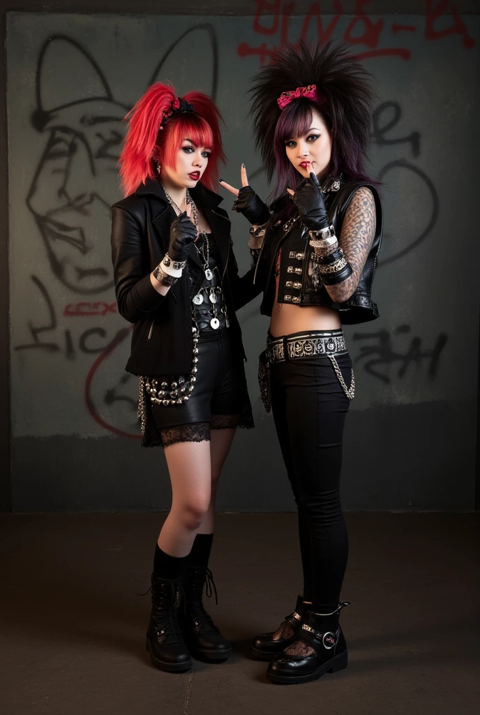 score_9, score_8_up, score_7_up,
(vivacious punk) young woman, korean, dark brown eyes, pale skin, slender build, wearing a tattered rock band t-shirt ,ripped leather pants,knee-high leather boots, red brown hair, doughnut hair bun, plethora of silver hoop earrings adorning her ears, mascara,chunky chain necklace,plethora of chunky silver rings,spiked choker, set in a makeshift DIY stage, set up under the shade of a gnarled oak tree, surrounded by amplifiers and speakers, Bands clad in leather jackets and ripped jeans perform raucous punk anthems to a crowd of moshing fans
amazing quality, ultra realistic, 3D, HD, best quality, amazing quality, very aesthetic, absurdres