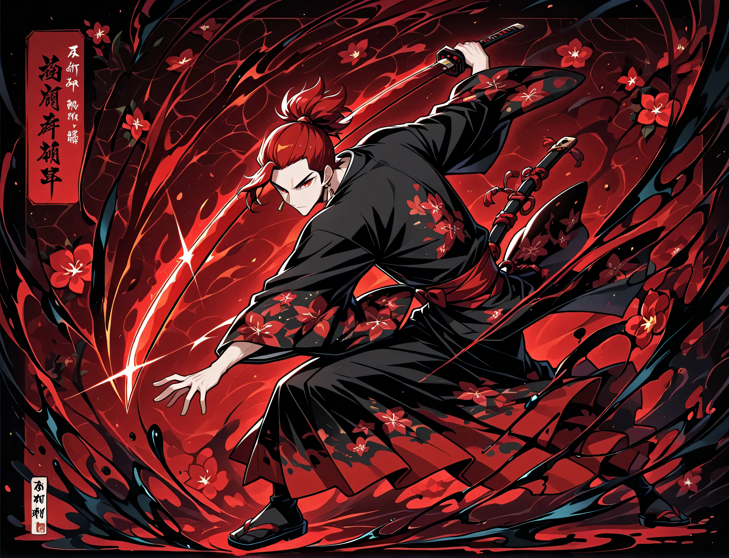 1boy, red hair, tied hair, red eyes, rectangle earrings, black kimono with red flower patterns, dynamic pose, dynamic composition, katana, sword slash effect, sword aura, ink background, ink splats,