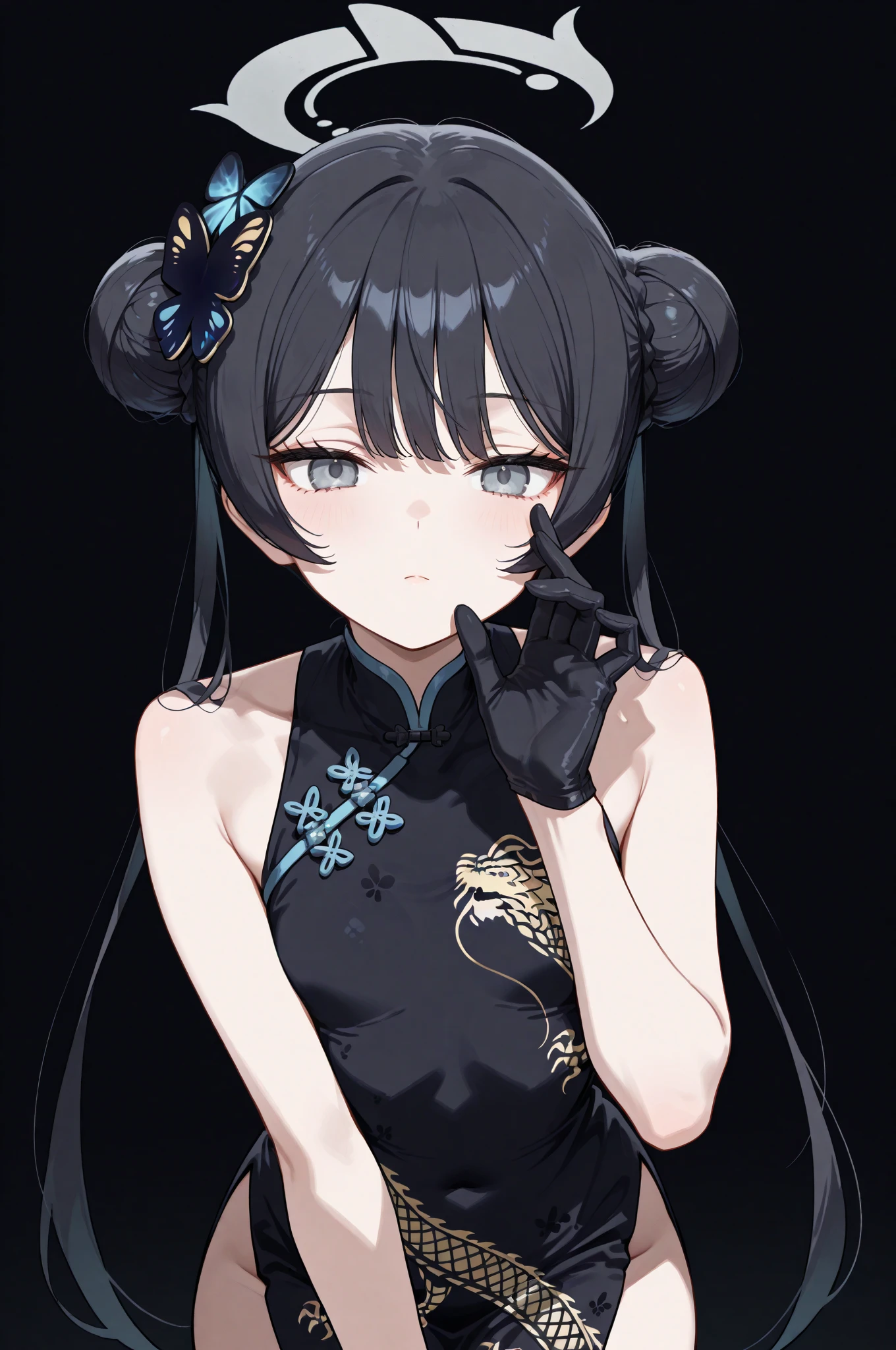 kisaki_(blue_archive) 1girl black_dress black_gloves black_hair blush coat double_bun dragon_print dress flower gloves grey_coat grey_eyes grey_halo hair_bun halo long_hair long_sleeves open_clothes open_coat parted_lips red_flower sleeveless sleeveless_dress solo twintails flat_coating clear_color highres absurdres best_quality