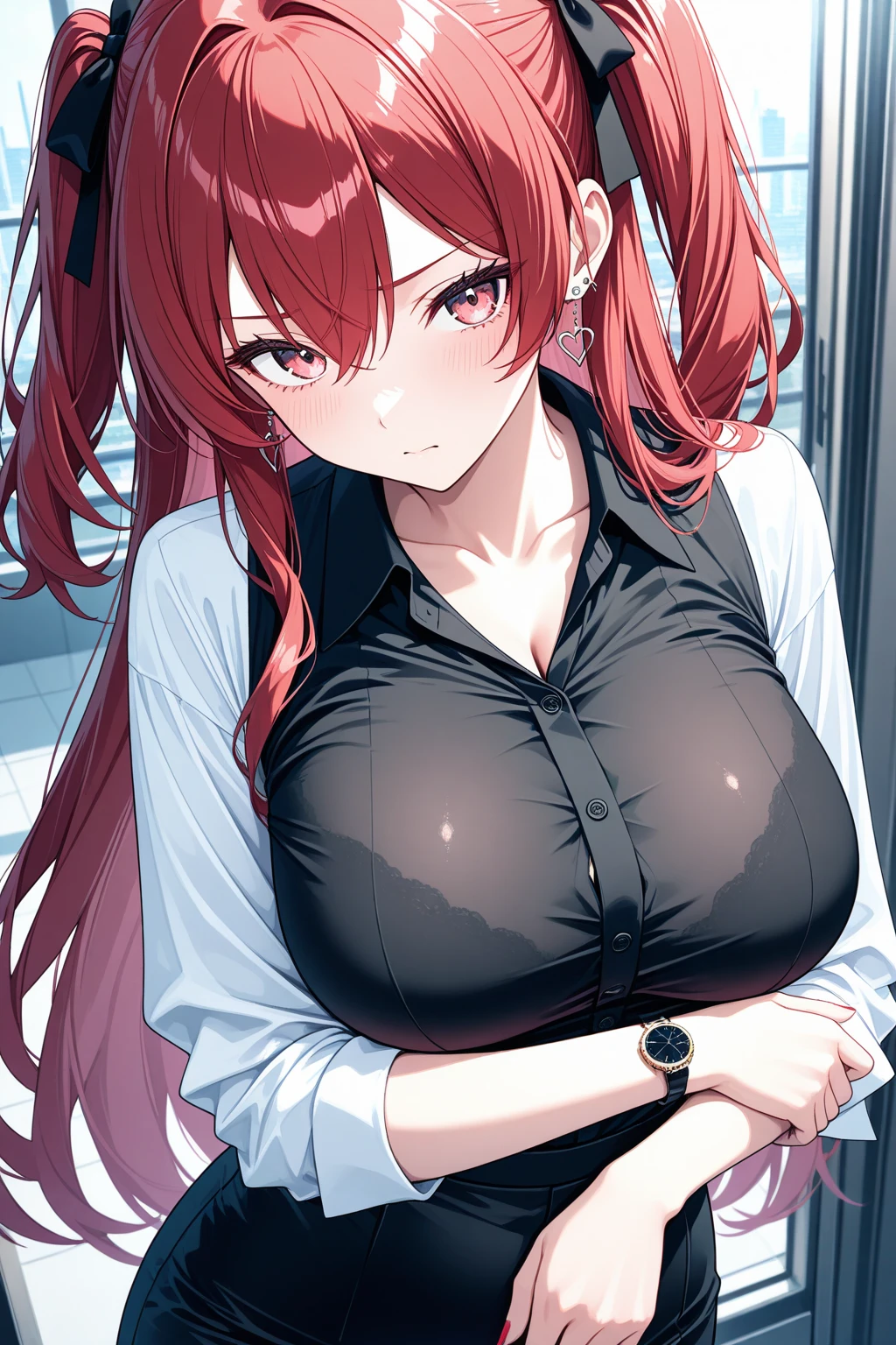 Woman punk long red hair green eyes big breast dark forest