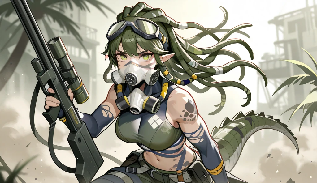 gavial,1girl,solo,long hair,breasts,looking at viewer,bangs,large breasts,gloves,navel,holding,bare shoulders,medium breasts,sitting,tail,yellow eyes,ponytail,outdoors,green hair,shorts,pointy ears,black gloves,elbow gloves,midriff,fingerless gloves,stomach,crop top,tattoo,mask,oripathy lesion (arknights),respirator,mask around neck,crocodilian tail,<lora:gavialsdxl-000003:0.8>,