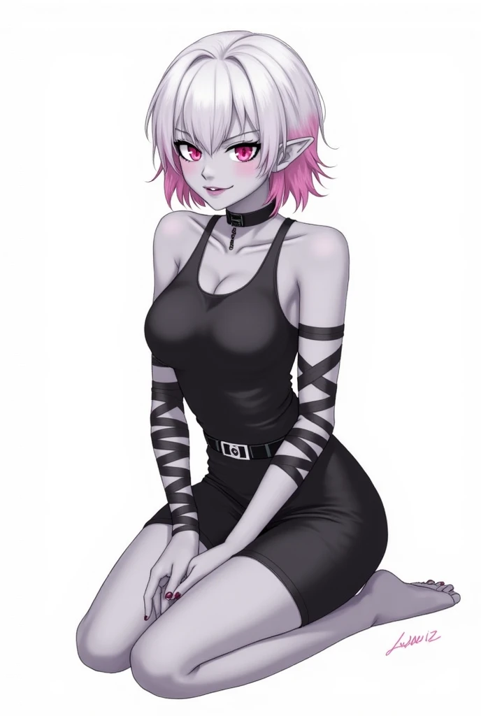 1girl,white short hair,purple eyes,angry,blush,makeup,black top,black skirt,purple stockings,lift skirt,panties,under skirt,JS_DFStyle,cartoon style,(sharp corners,sharp body angles,pointed chin,round eyes,big head,bright colors,outline), <lora:JS_Cartoon_DF_Style_V2:0.85>,