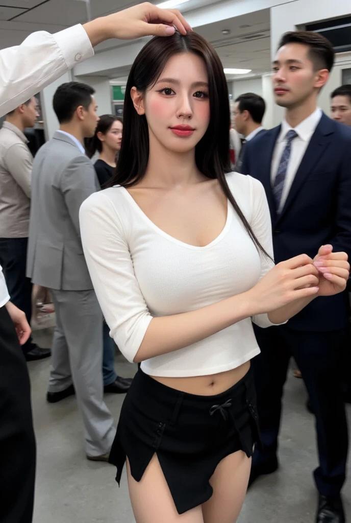 {{成熟したwoman, White people}}, View your audience, Hazel Eyes, Very detailed, Medium Chest, Brown Hair, airport, flight attendant, uniform, Blue blazer, Blue tie, Black Medium Skirt, Midi Skirt, ペンシルMidi Skirt,Black Pantyhose、 Blue High Heels, Happy, 最high quality, high quality, Very detailed anime screencap,Matte Black Pantyhose、whole body,((((((Small chest))))))、((((Flat Chest))),(((Her clothes were flipped open and her breasts were spilling out)),((((topless)))),(((((My chest is visible))))),(((Open the chest of the costume with both hands、Showing her breasts to me)),1 girl,Japanese,23 years old,woman,Brown long straight hair,Detail face,Detail lips,Details,double eyelid,Wet body,perfect body,Trained abdominal muscles,Shiny skin,最高にhigh quality,日本のwoman一人,diamond,Earrings