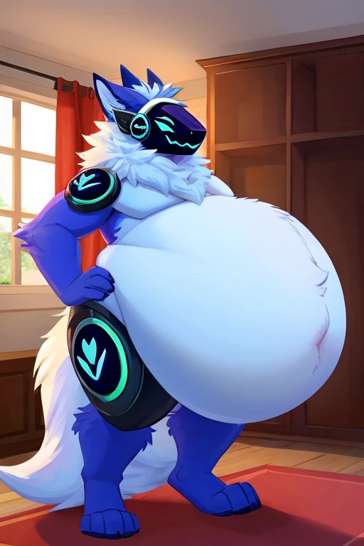 hi res,(protogen), anthro, 4 fingers, bright cyan eyes, male, hyper muscles, hyper muscular male, erect dick in boxers, almost naked (only underwear), VERY HUGE / VERY LONG detailed bulge, long tail, fluffy tail, white body, inside, solo, dark room, detailed background, by milkytiger1145, by takemoto arashi, by null-ghost, cold atmosphere, crazed expression