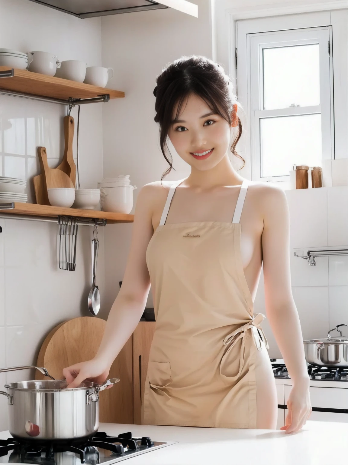 Woman in the kitchen, Cooking, In the kitchen,  Cook, cuite, in a kitchen, sakimichan, White Apron, Naked and wearing an apron, chiho,smil、