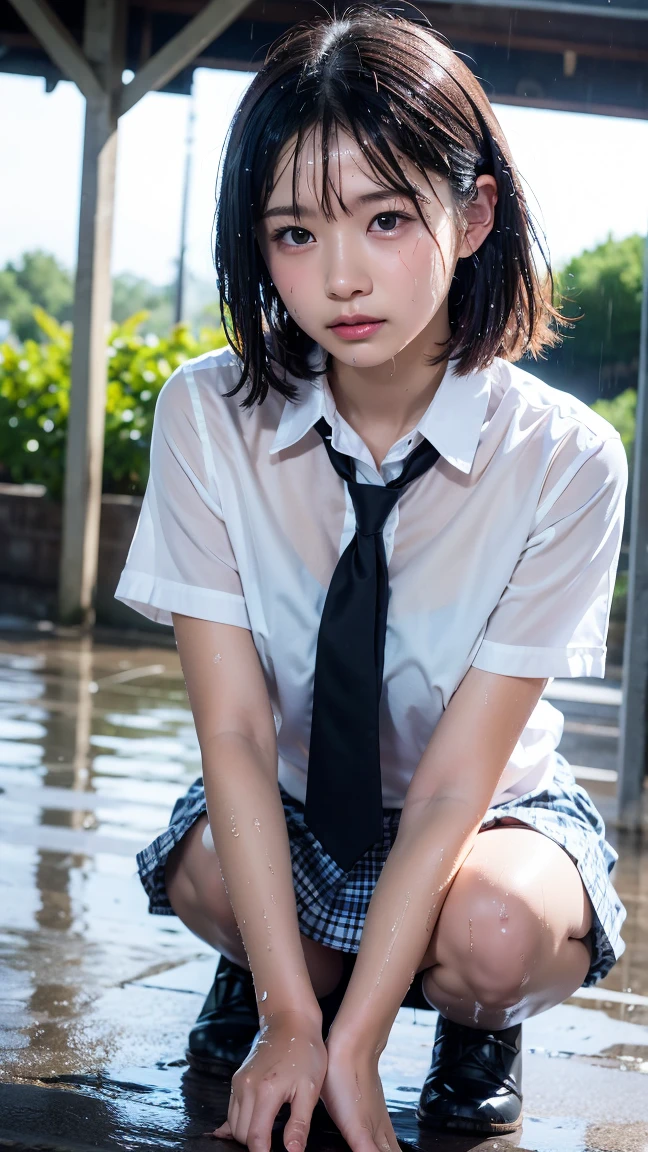 (((((18 years old girls))))),((((photorealestic))))、(Full-length photo)、(((Lens Flare))),(((((Backlight)))))、((In the woods))((Clear stream deep in the dark mountains)),((Rocks in the background)),((Troubled face)),Blushed、(((Smaller bust))))、High school girls、((Wet uniform))、((Wet and see-through white blouse))、Blouse with collar、Belly-length blouse、Wet clothes、Wet skirt、((Navy blue skirt half immersed in water))、The button in front of the blouse shuts off、White Bra、The skirt is flipped up to reveal white panties.、(((pore feel)))、(((Muscle feeling)))、(((photo realism:6, Realstic)))、((Lie on your back)、Do not bend your knees、Hands on the ground、Half immersed in water、perfect breast shape、thin skin、small waist、bare leg、