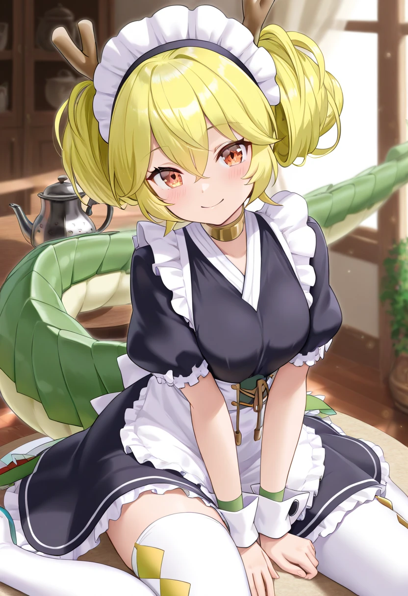 Monster girl, (((snake skin))), ((snake girl))z (((scales on body and arms), ((solid color)), 8k, masterpiece, hi-resolution, best quality, hi-res, Top Quality, High Quality, High Resolution, maid dress, maid frill, hourglass figure, large hips large breasts, , maid uniform, tan skin