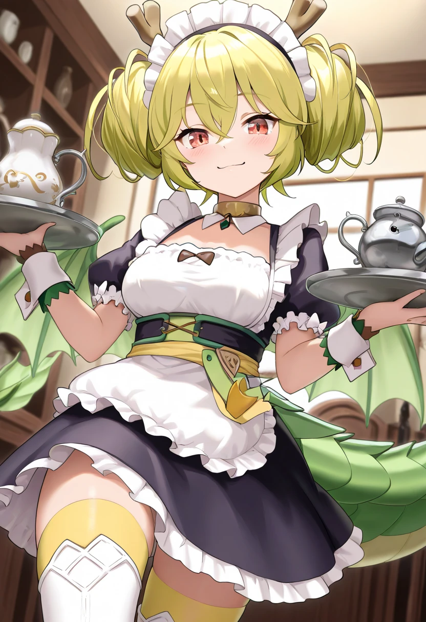 (One girl)、(bob cut)、((Blonde))、(Sato Air)、slan eyes、((boyish))、(Big super breasts)、[Chubby]、((beautiful girl))、Maid clothes、No sleeve、mini skirt、White sleeveless、((hairs between eyes))、((thigh-high socks thighhighs))、(long gloves)、green eye、say、arm behind back、flipped hair、White Background、