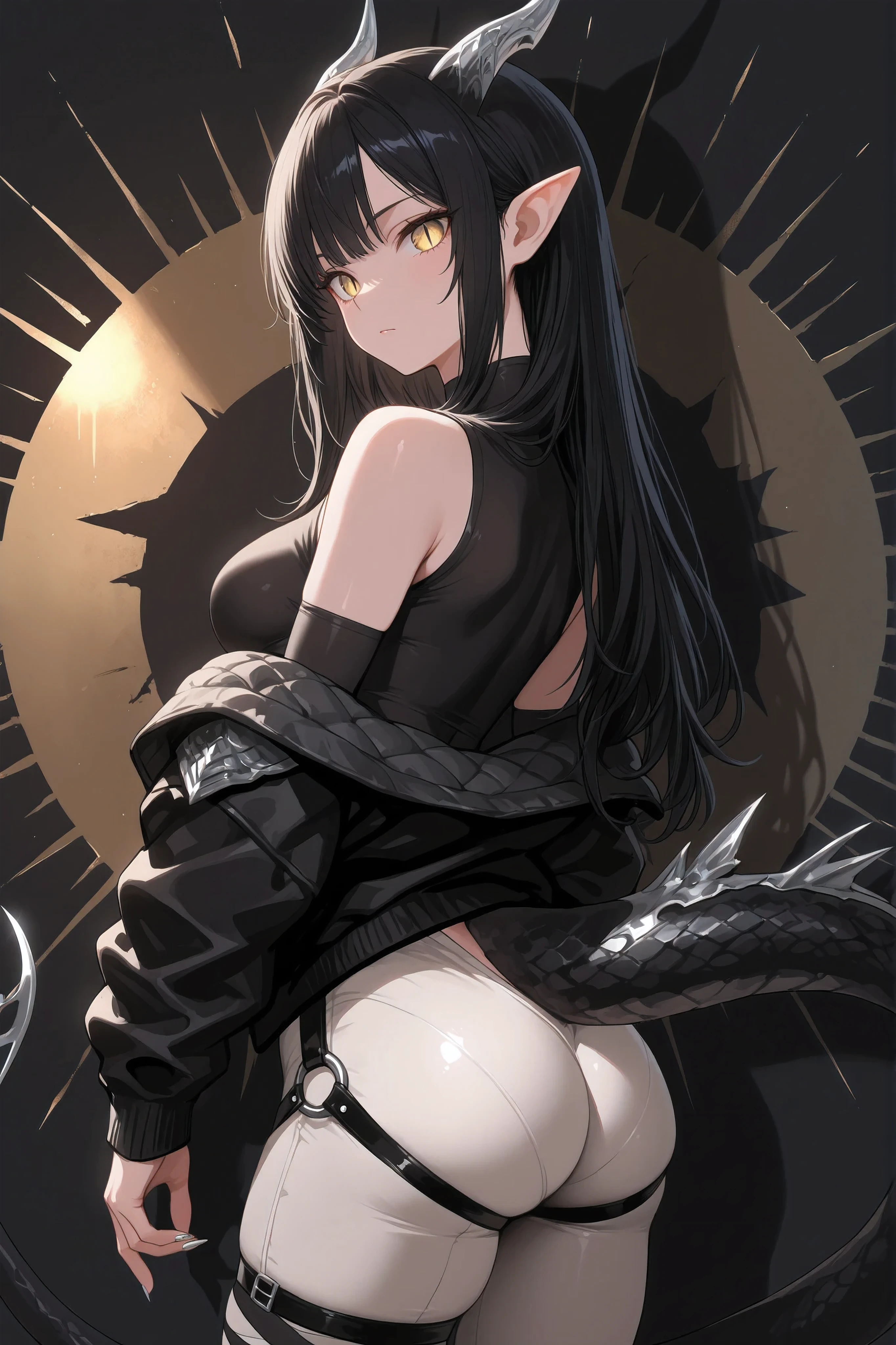 fantasy setting. a female anthropomorphic dragon hybrid, young adult, 26 years old, short and lean build, 5'5" height, black hair, slight curly messy shoulder-length hair with a loose side strand, bright yellow dragon eyes, slit pupils, soft facial features, slight pointed ears, curved back clear silver bladed horns, one long black dragon tail with clear silver sleek bladed tip, light beige skin, wearing tight clothing (A soft black scaled-weave undershirt, sleeveless, stretch-grade, with shoulder seam shaping. A charcoal chest wrap-jacket, slanted-buttoned, armor-stitched with light enchant-hook bands. Slim-fit leg wraps with open-tail harness, dual-split at the back, padded slightly at the hips). calm and observant expression, slightly blushed cheeks, clear silver claw nails, casual pose, wilderness background, angled sun casting detailed shadows, good figure, nice breasts, nice ass, Highest detail, masterpiece, high resolution, Ultra detailed eyes.
