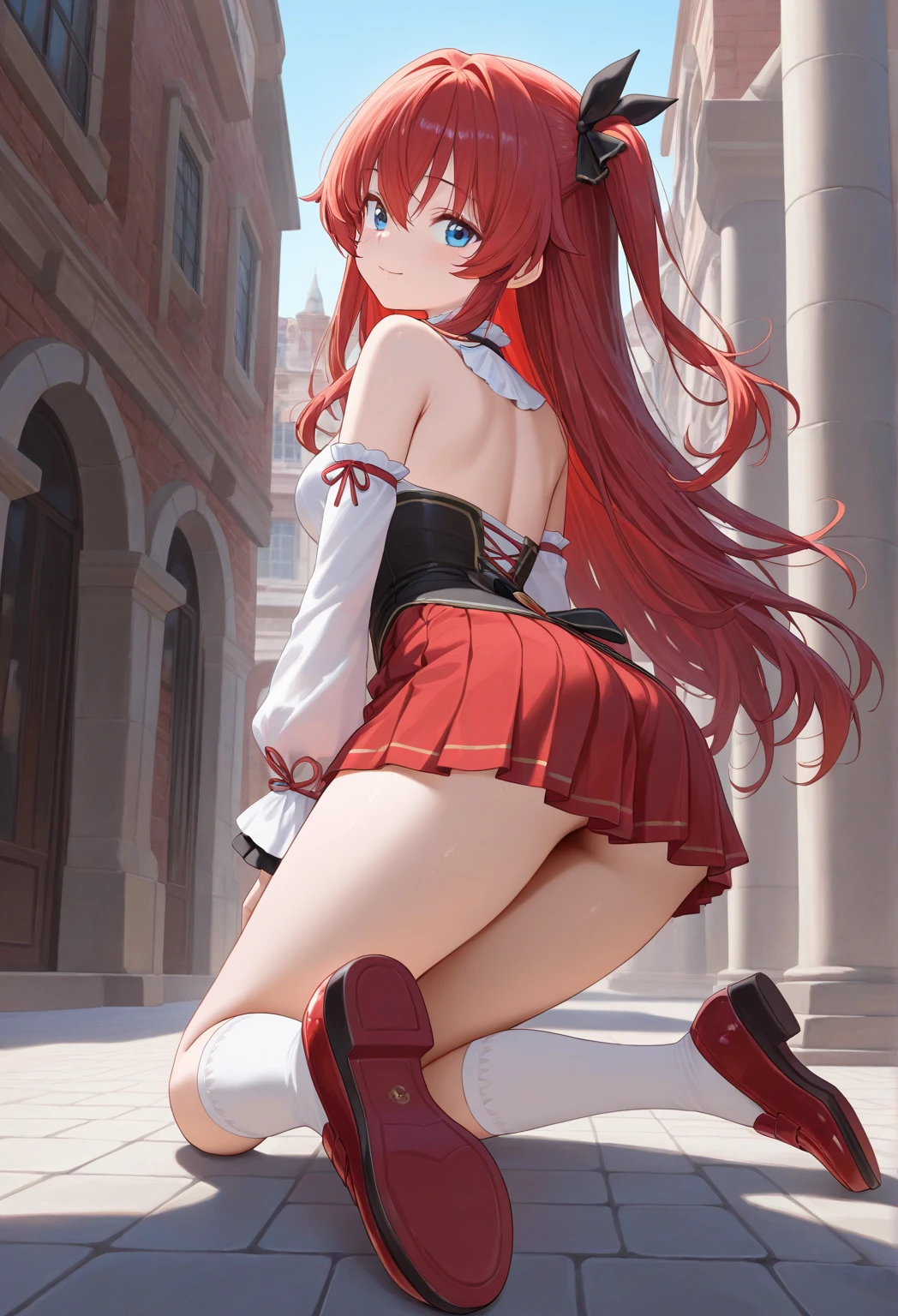 Photo, Best quality, high resolution 8k,most beautiful teenager,17 years old, white skin, ultra detailed, European, long hair, very red hair,hair combed back,perfect body, toned,exuberant exotic, erotic, , big breasts,narrow waist, big buttocks very well detailed,mini skirt,crop top,/beautiful Jessie \(pokemon\)/