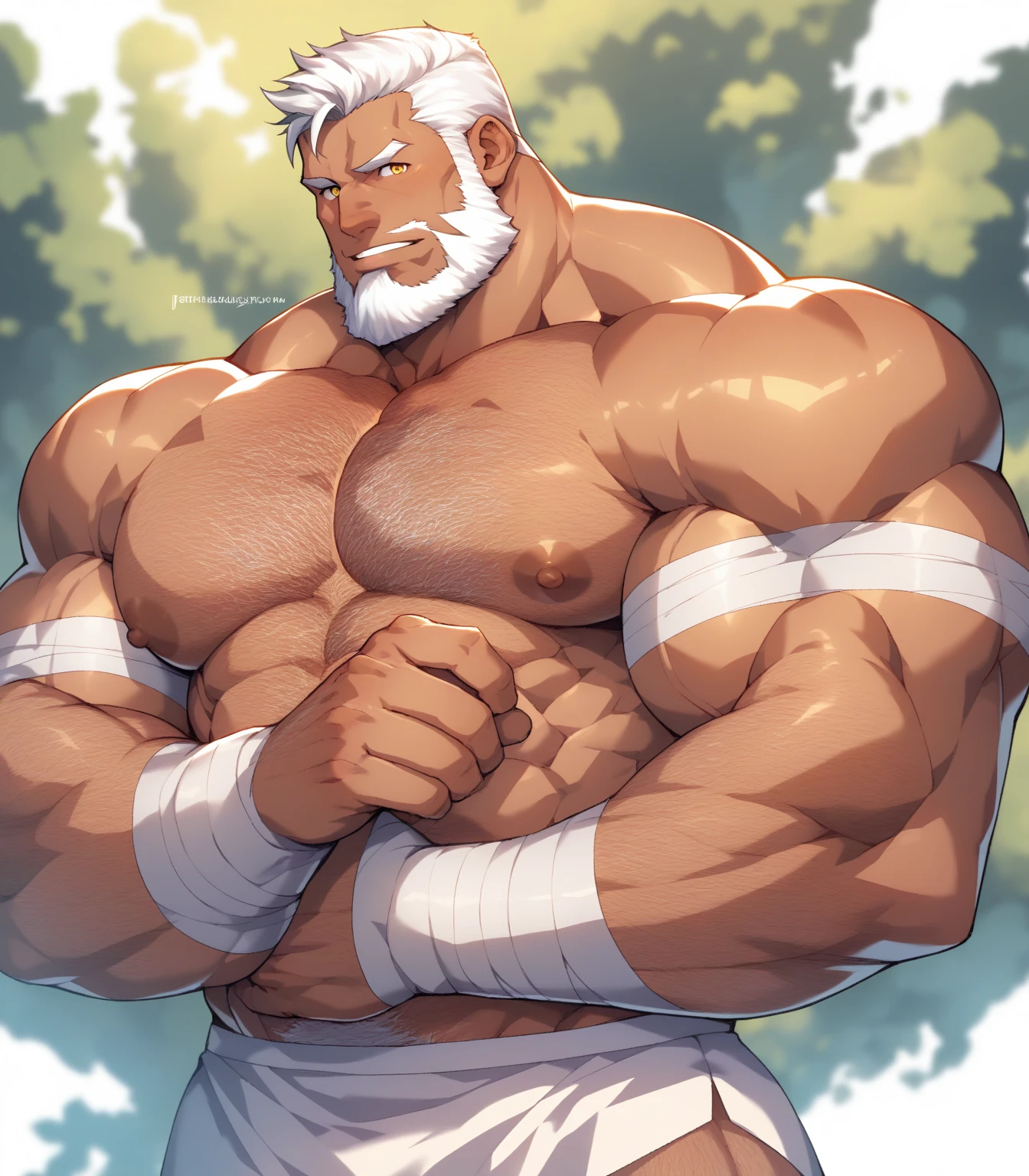 solo, 1boy, Huge Muscular Old man wearing harness , pectoral, thick arms, huge pectoral, wide pectoral, short white hair, short pants and shirtless, clean face, simple background, masterpiece, semirealistic:1.2, high detailed, 8k, high resolution
