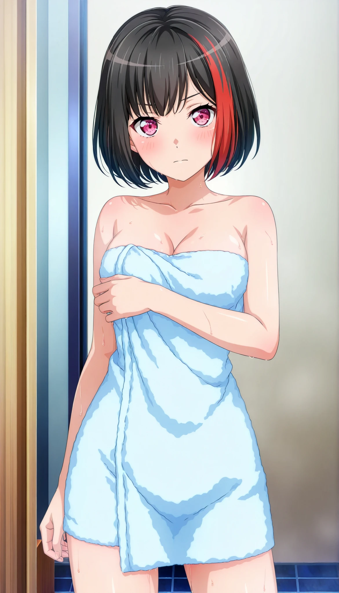 score_9, score_8_up, score_7_up, best quality, masterpiece, source_anime, anime coloring, anime screencap, official art 3d bang dream! official art 3d, Detailed eyes, Perfect hair, Perfect eyes, good eyes, shiny color, Head is all visible, highter, Towel,
BREAK
1girl, solo, (mitake ran, medium breast, The girl on the Right), best quality, amazing quality, very aesthetic, vivid colors, anime 3D CGI style, Cleavage, Sweat