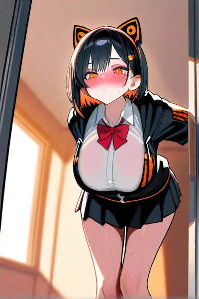 HD, high quality, high resolution, ultrahd, Matoi Ryuko, wearing default outfit, black sailor uniform, default hair, black hair, farting, fart, yellow fart, massive fart, velocity, yellow smoke, clenching teeth, farts, blush, viewing ass