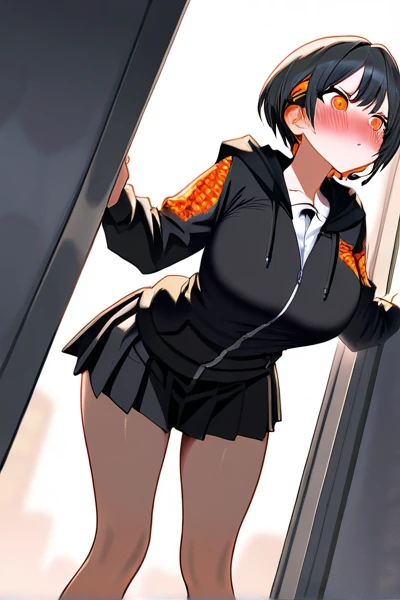 (nsfw),masterpiece,ultra detailed,sharp focus,4k digital art,high resolution,seductive anime girl,realistic skin,(from side,back shot),,(aroused and blushed:1.7),tareme,(ass grab,ass grabbed by other's hands),(curvy adult body:1.3),(school cardigan),navy blazer,dress shirt,black school socks,(navy and pleated skirt),bow tie,(short black hair, straight hair),(sweaty:1.2),grinning,(trembling,flying heart-shapes),(standing in train,crowded train),(sexy red undies:1.2),loafers,crowd in background,drooling,heart pupils,puffy nipples