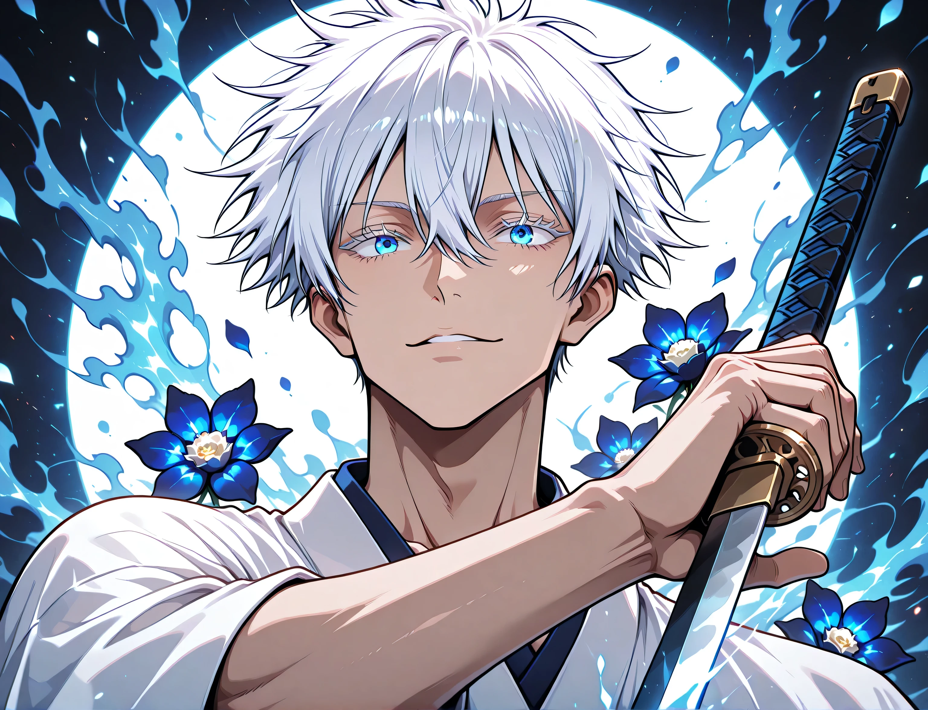 1man, adult, male focus, gojou satoru, jujutsu kaisen, white hair, short hair, ((hair between eyes)), colored eyelashes, white eyelashes, blue eyes, intricate eye iris, detailed eyes, muscular male, sexy man, handsome man, handsome face, white kimono with blue flower patterns, dynamic pose, dynamic composition, katana, sword slash effect, sword aura, ink background, ink splats,